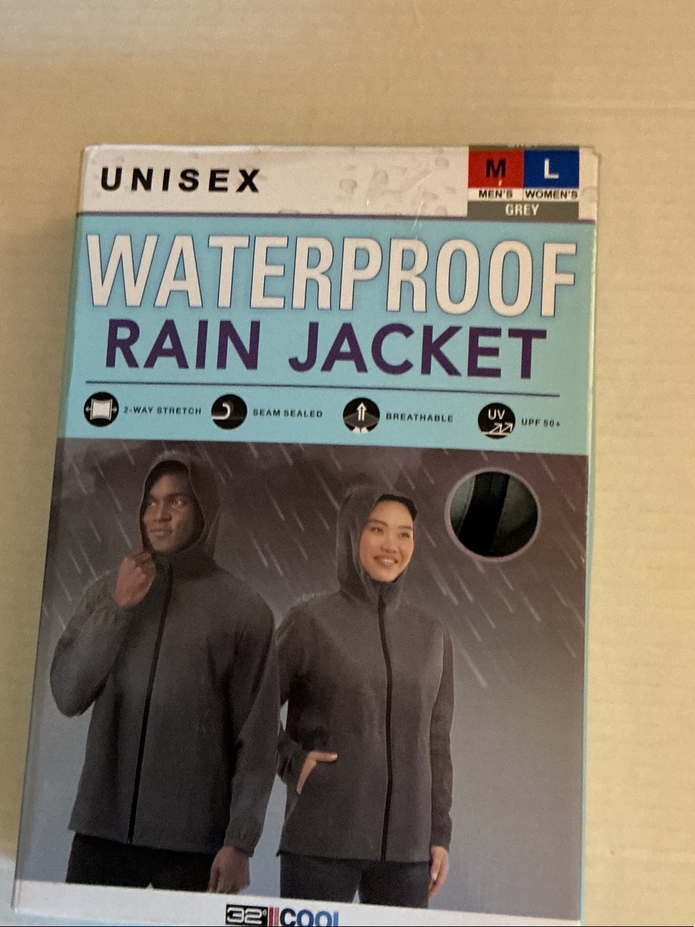 NWT 32Degrees Cool Unisex Grey Waterproof Rain Jacket with Hood